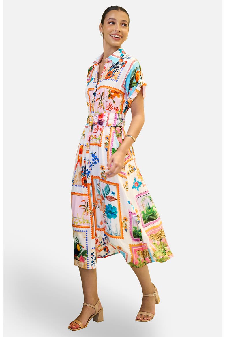 Tropical Postcard Print Midi Shirt Dress