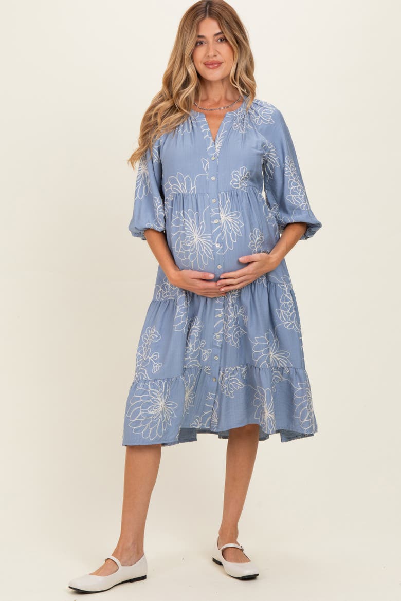 Embroidered Tiered Midi Shirt Dress