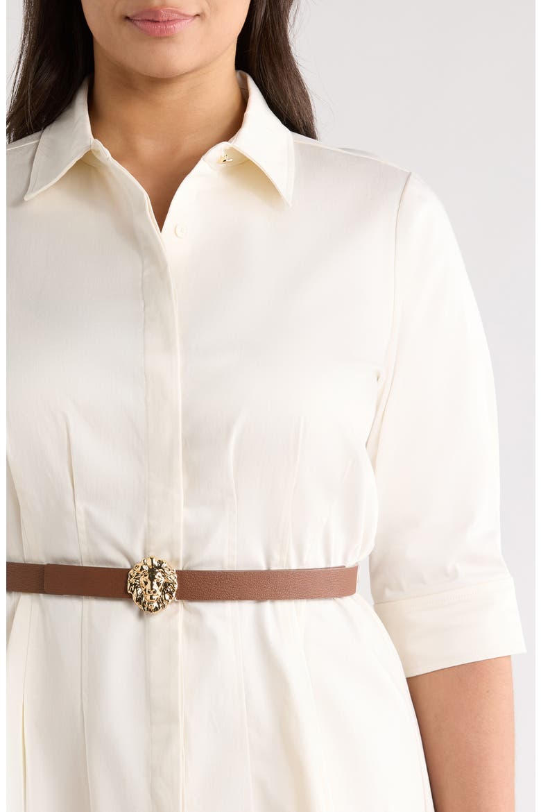 Belted Elbow Sleeve Stretch Cotton Sateen Shirtdress