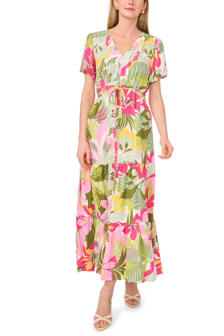Print Tie Waist Tiered Maxi Dress