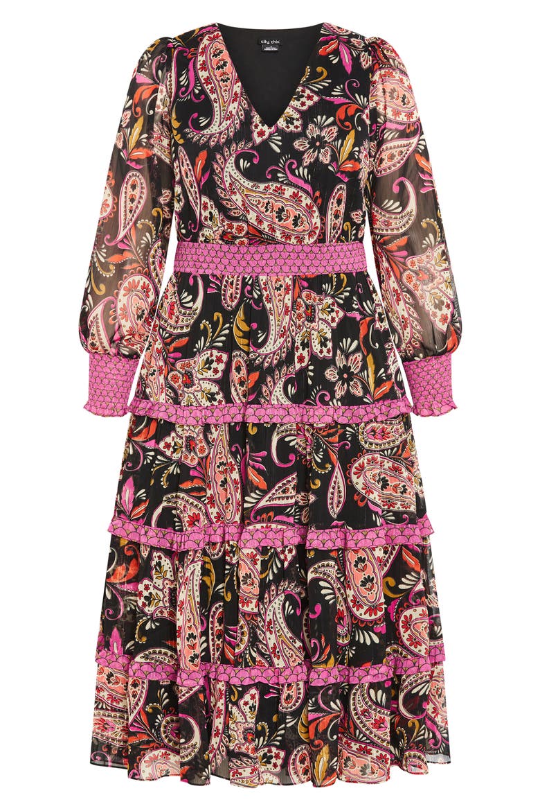 Gwendolyn Paisley Long Sleeve Tiered Midi Dress