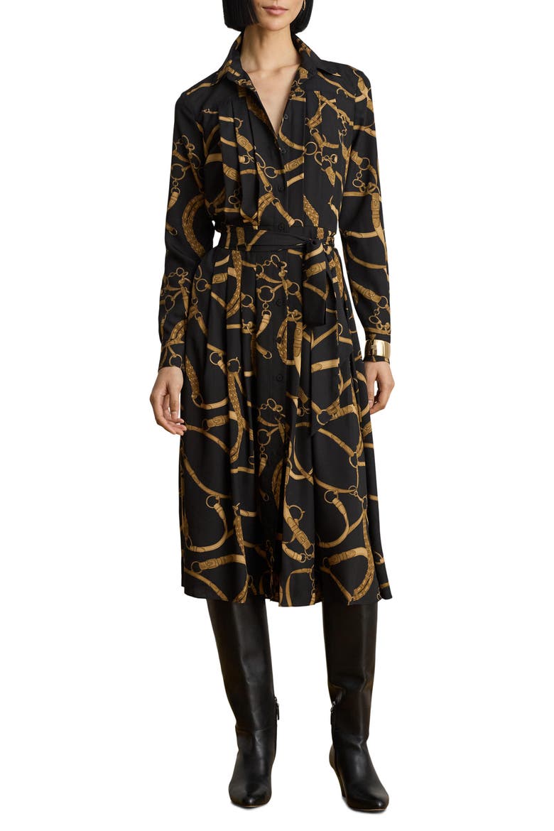 Belt Print Long Sleeve Crêpe de Chine Midi Shirtdress