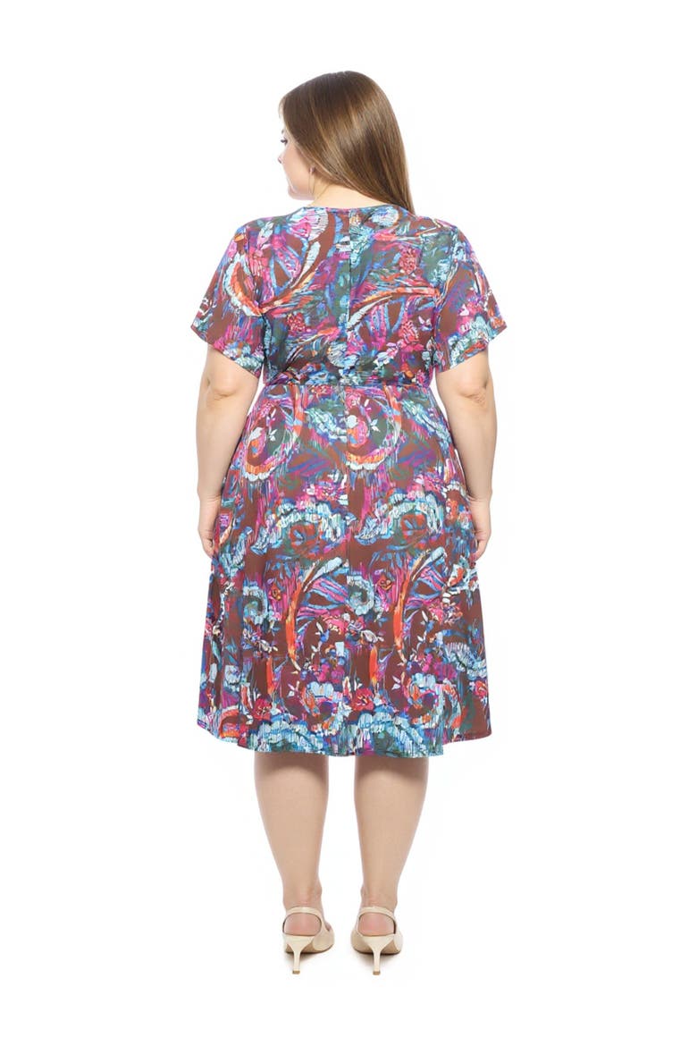 Plus Size Abstract V-Neck Dolman Sleeve Twist Front A-Line Midi Dress
