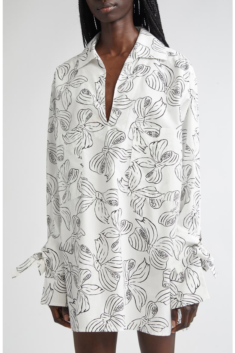 Sansa Bow Print Long Sleeve Cotton Poplin Minidress