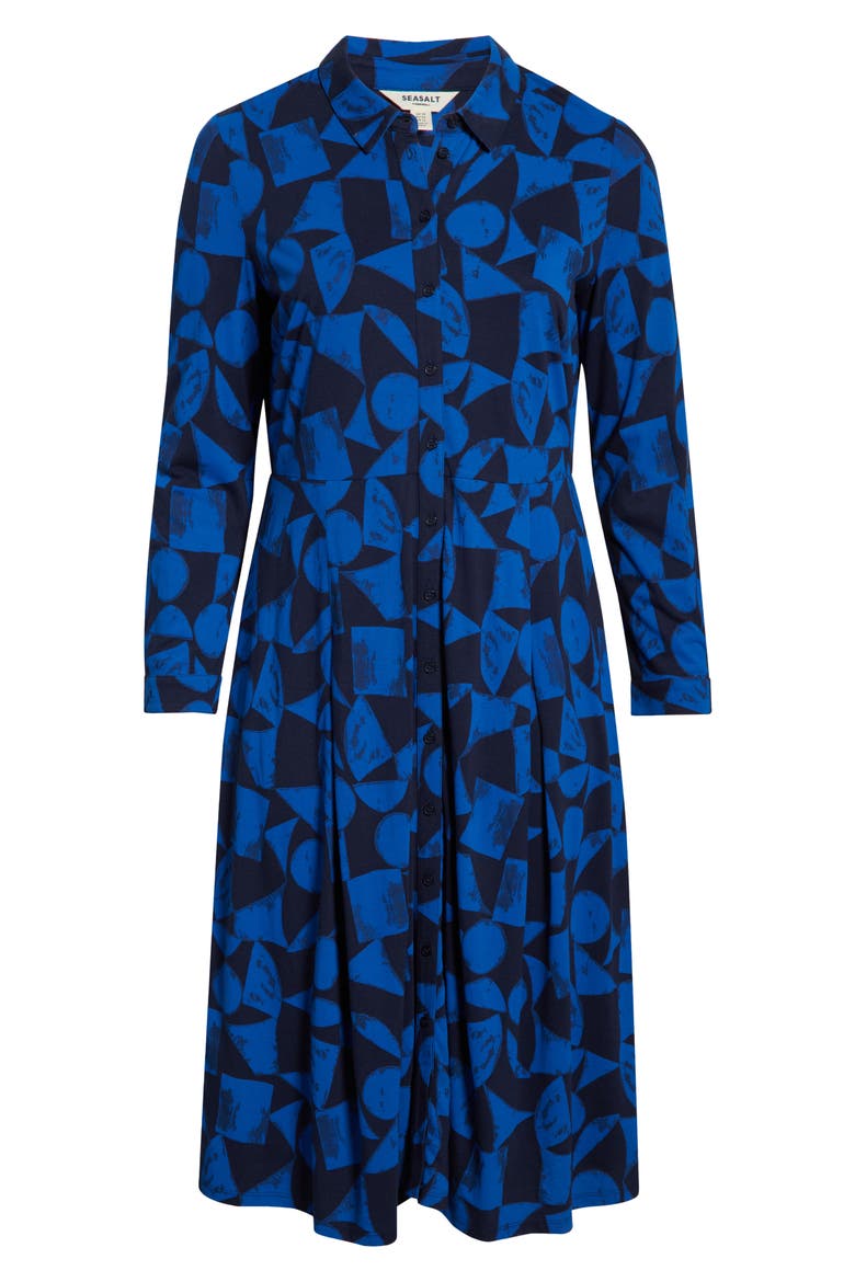 Coastline Print Long Sleeve Organic Cotton Blend Shirtdress