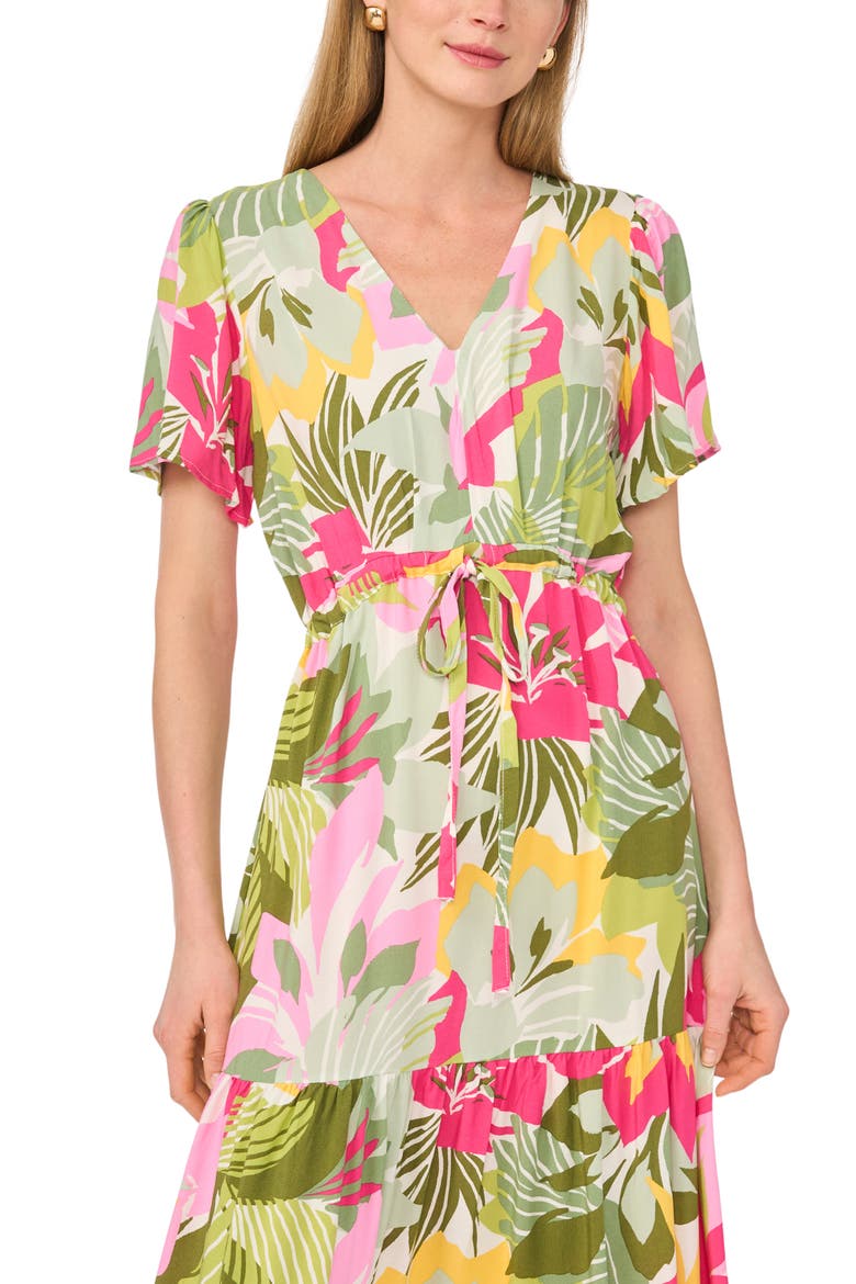 Print Tie Waist Tiered Maxi Dress