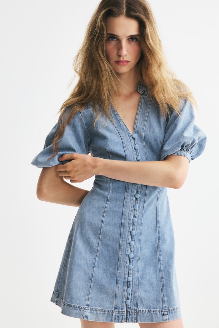 Puff-Sleeved Denim Dress