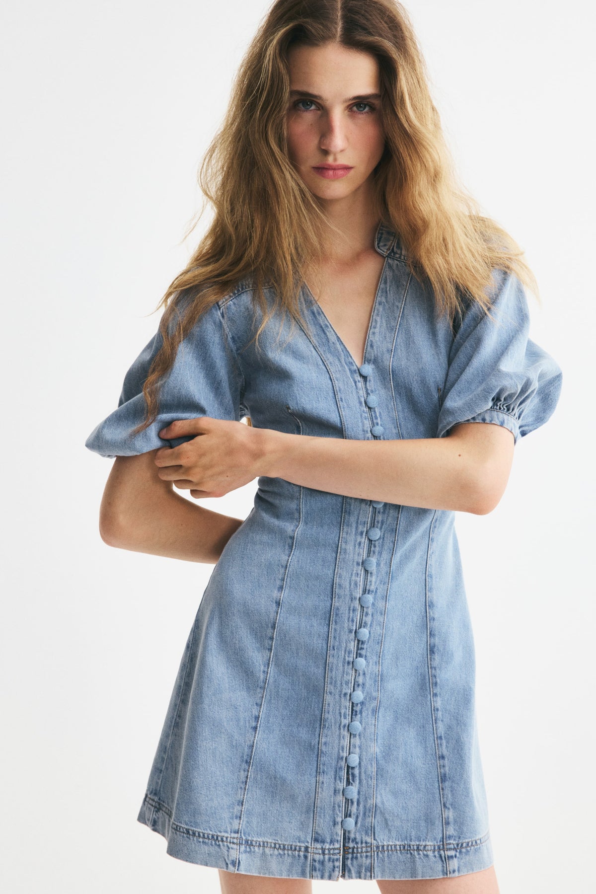 Puff-Sleeved Denim Dress