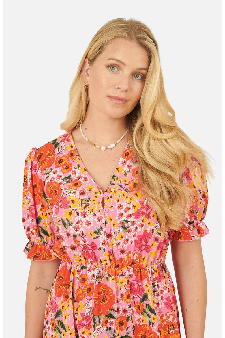 Puff Sleeve V-Neck Printed Midi Dress