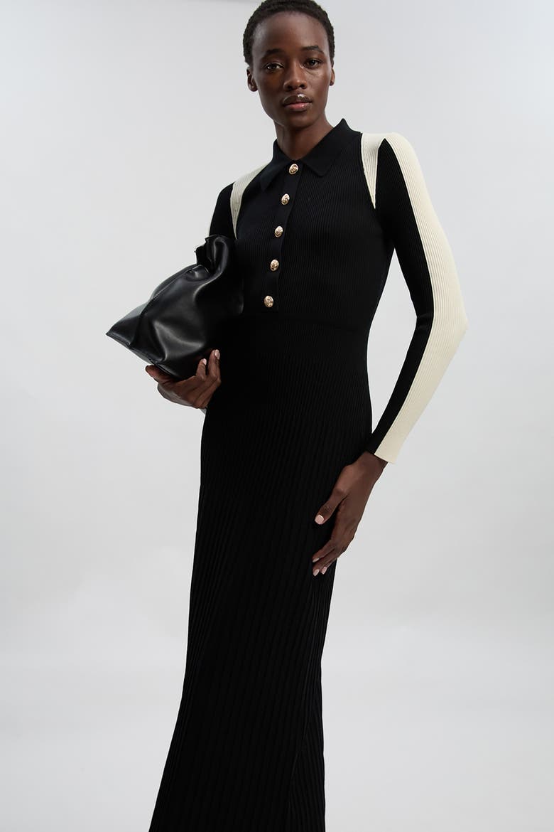 Rib Knit Long Sleeve Military Midi Dress
