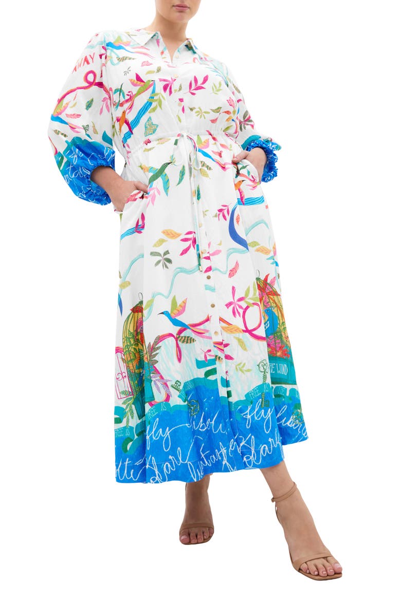 Tahlia Long Sleeve Bird Print Maxi Shirtdress