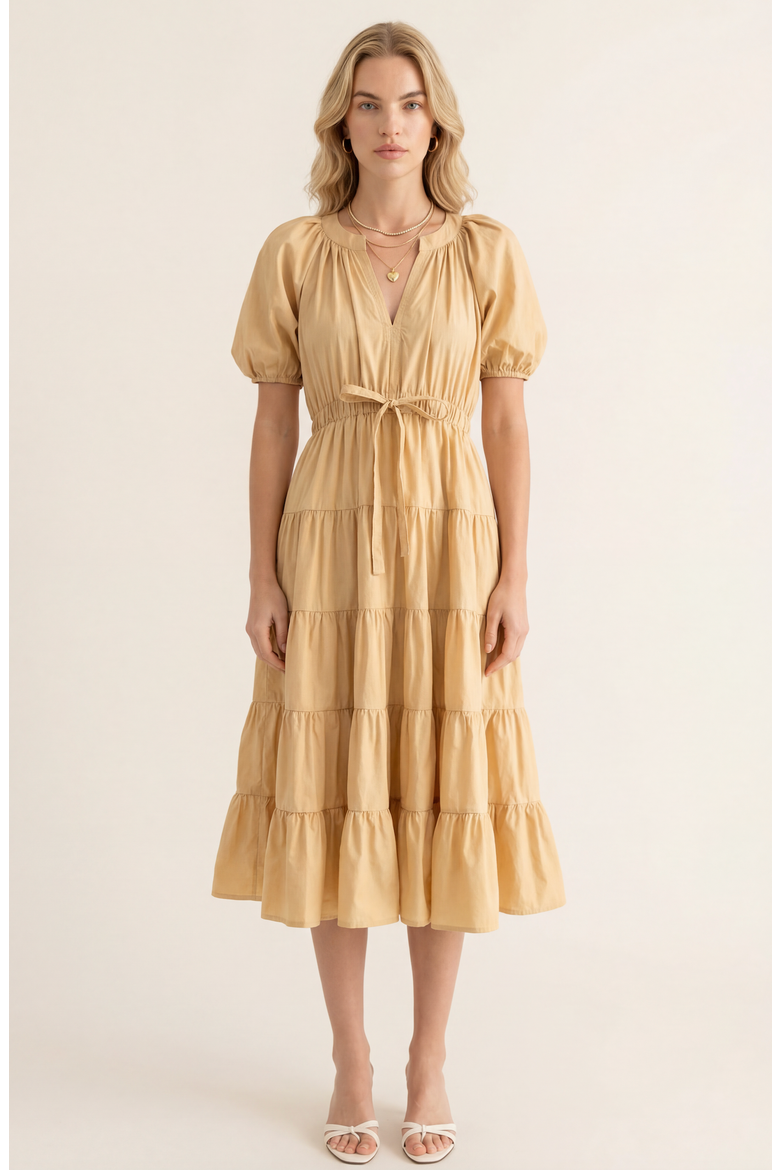 Tiered Puff Sleeve Tie Waist Midi Dress
