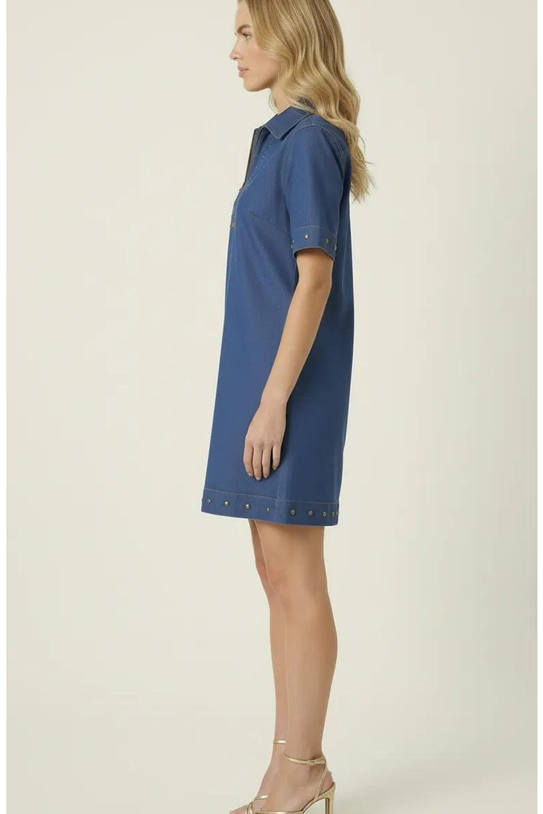 Studded Half-Zip Collared Denim Mini Dress