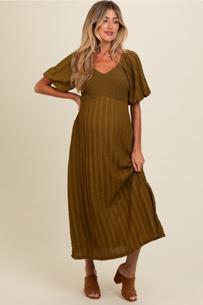 Smocked V-Neck Short Puff Sleeve Textured Midi Dress