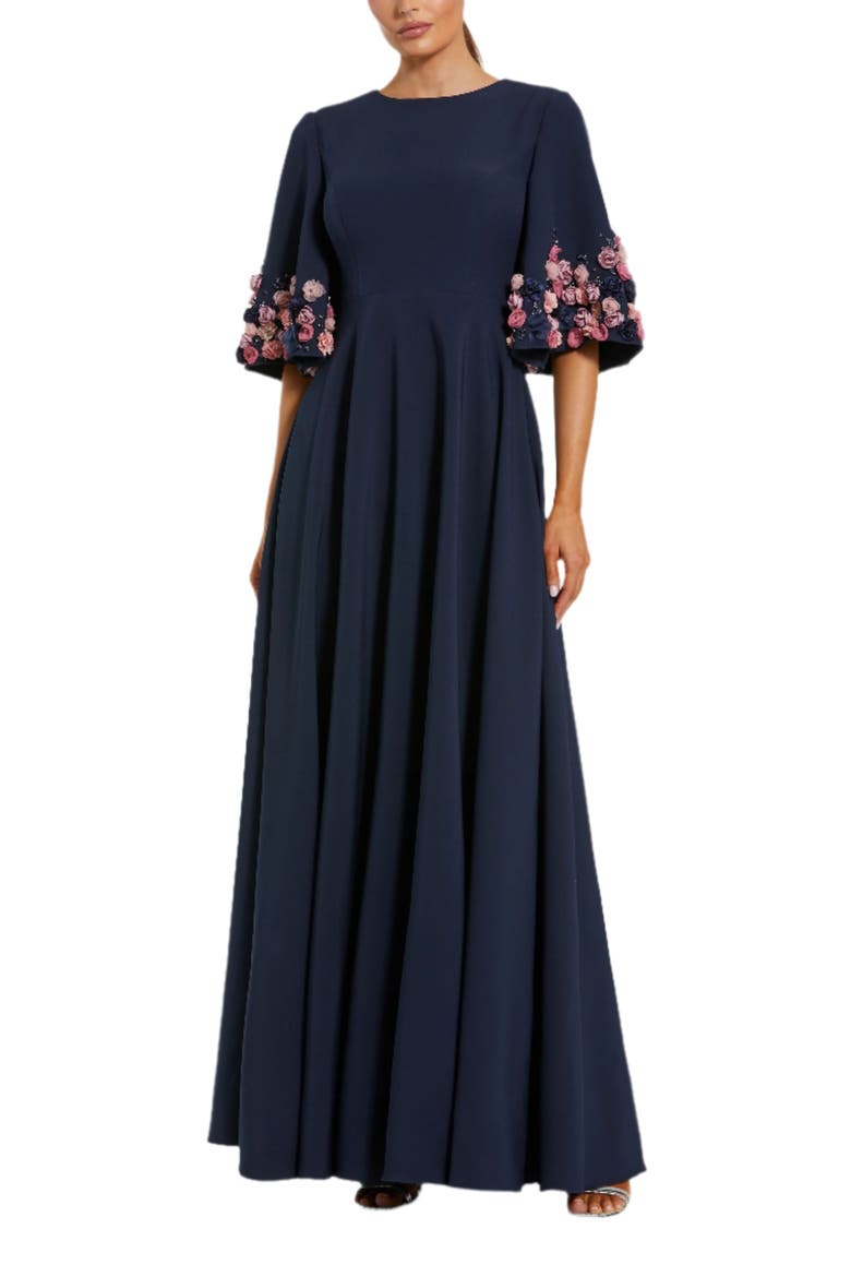 Stretch Satin Elbow Sleeve Gown With Flower Trim