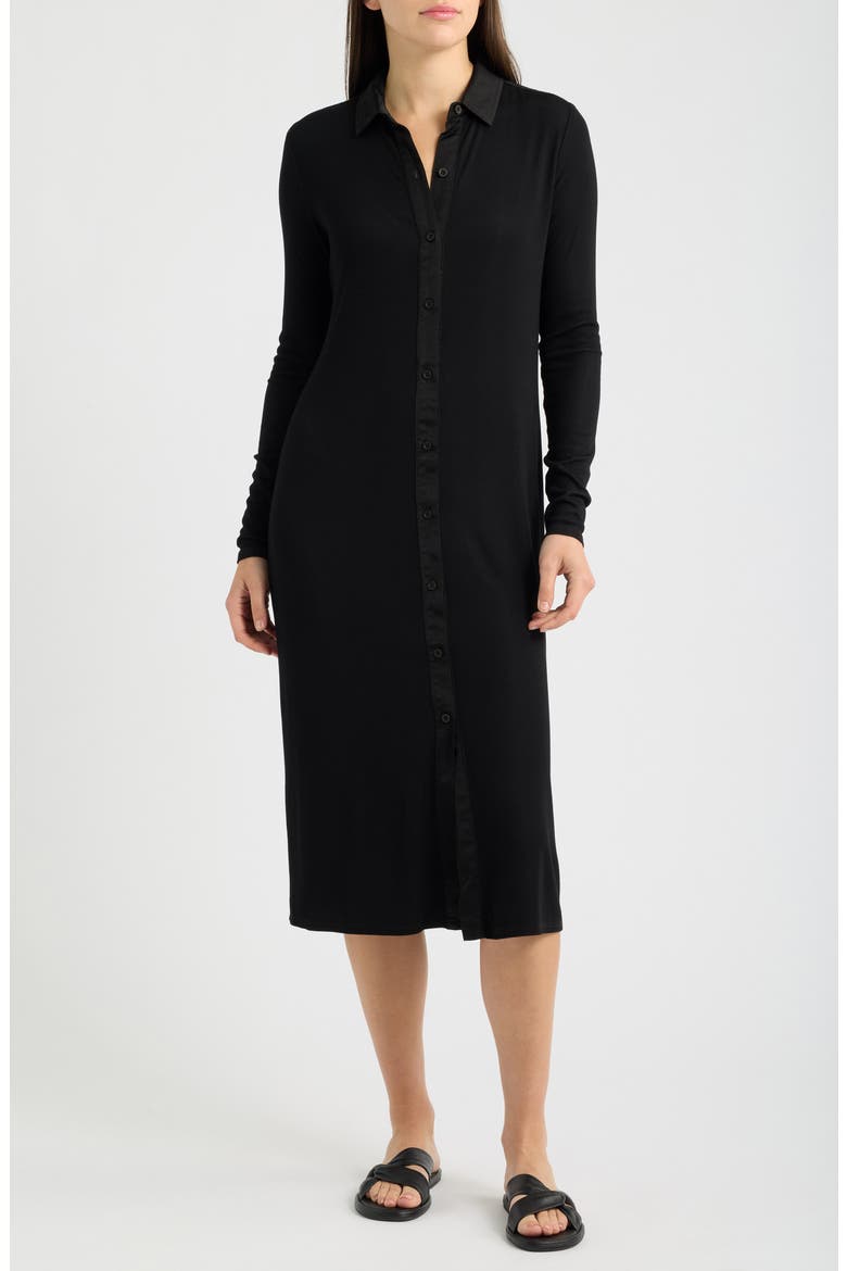 Front Button Long Sleeve Rib Midi Dress
