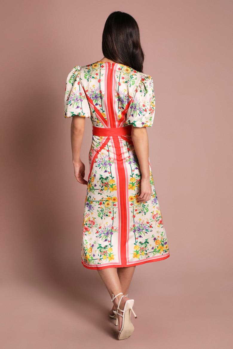 Satin Scarf Print V-Neck Midi Dress