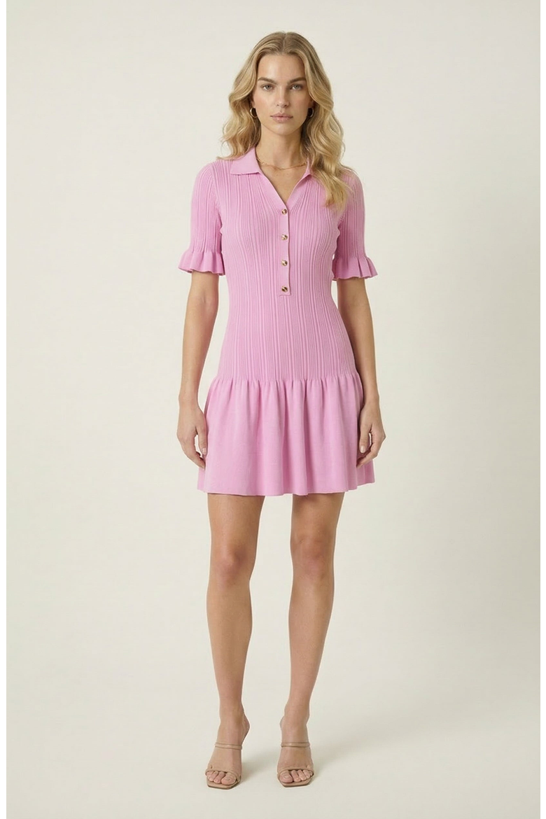Pleated Mini Dress with Ruffle Hem and Button Front