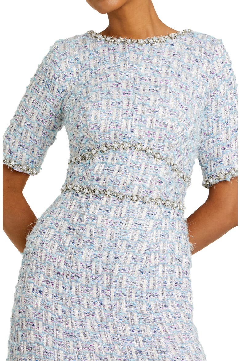 Short Sleeve Beaded Trim Boucle Midi Dress