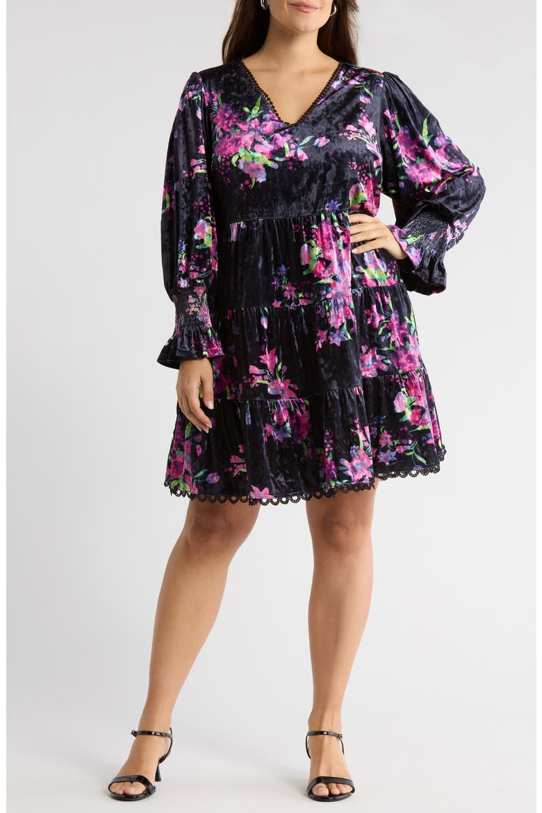 Tulda Amari Floral Long Sleeve Tiered Velvet Dress