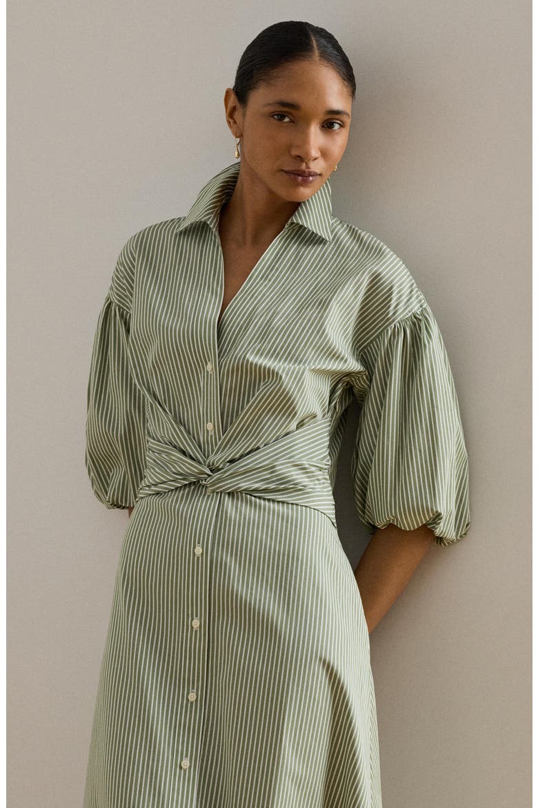 Stripe Bubble Sleeve Cotton Broadcloth Shirtdress