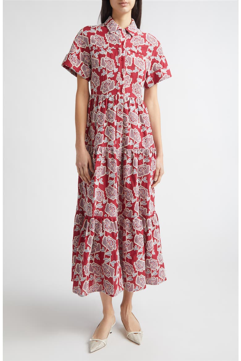 Floral Embroidered Tiered Cotton Blend Midi Shirtdress
