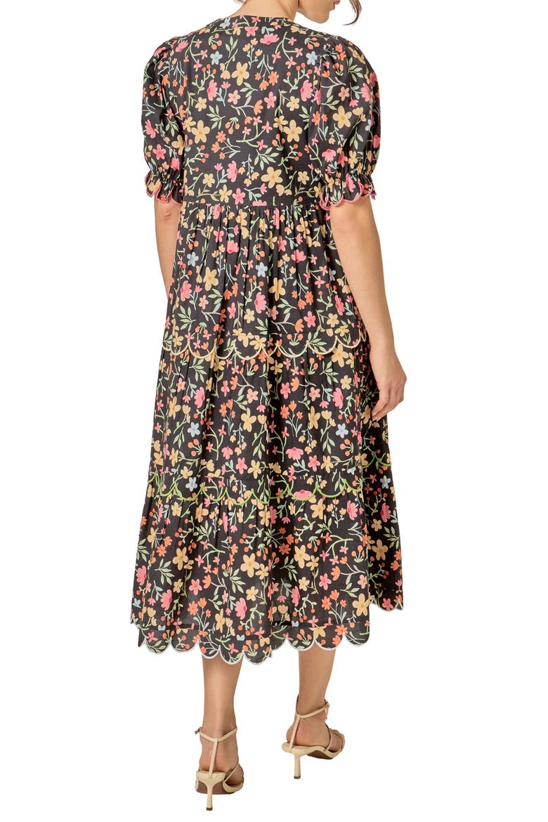 Scallop Edge Floral Print Midi Dress