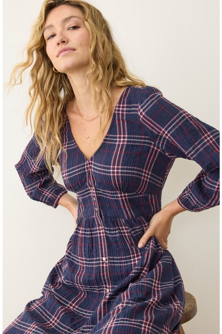 Maeve Plaid Long Sleeve Tiered Midi Dress