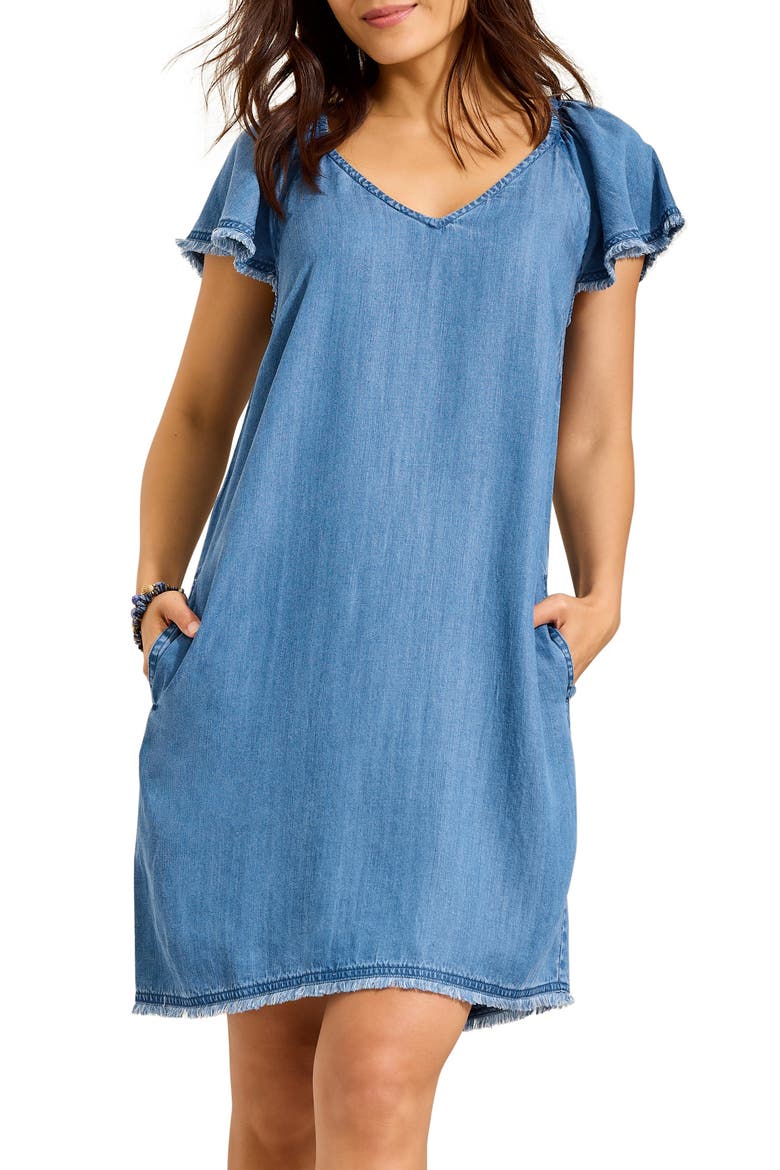 Flutter Sleeve Fray Chambray Minidress
