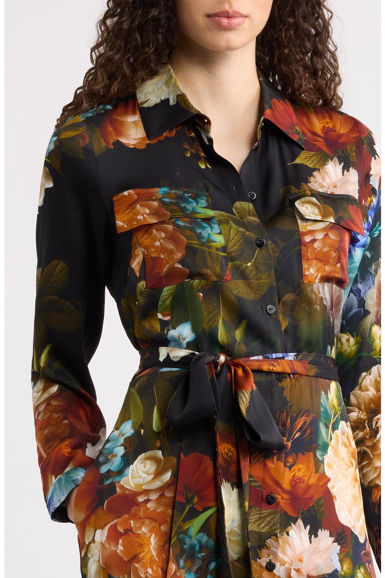The Kataleya Floral Long Sleeve Stretch Silk Midi Shirtdress