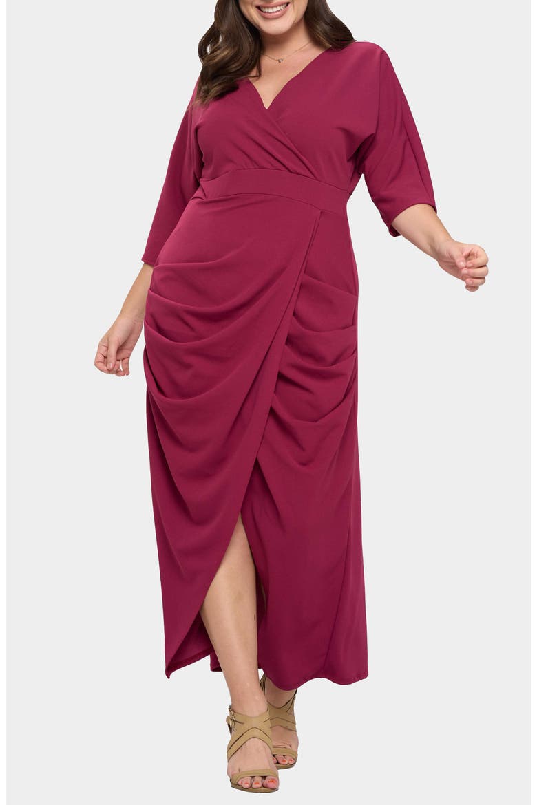 Dolman Elbow Sleeve Stretch Faux Wrap Maxi Dress
