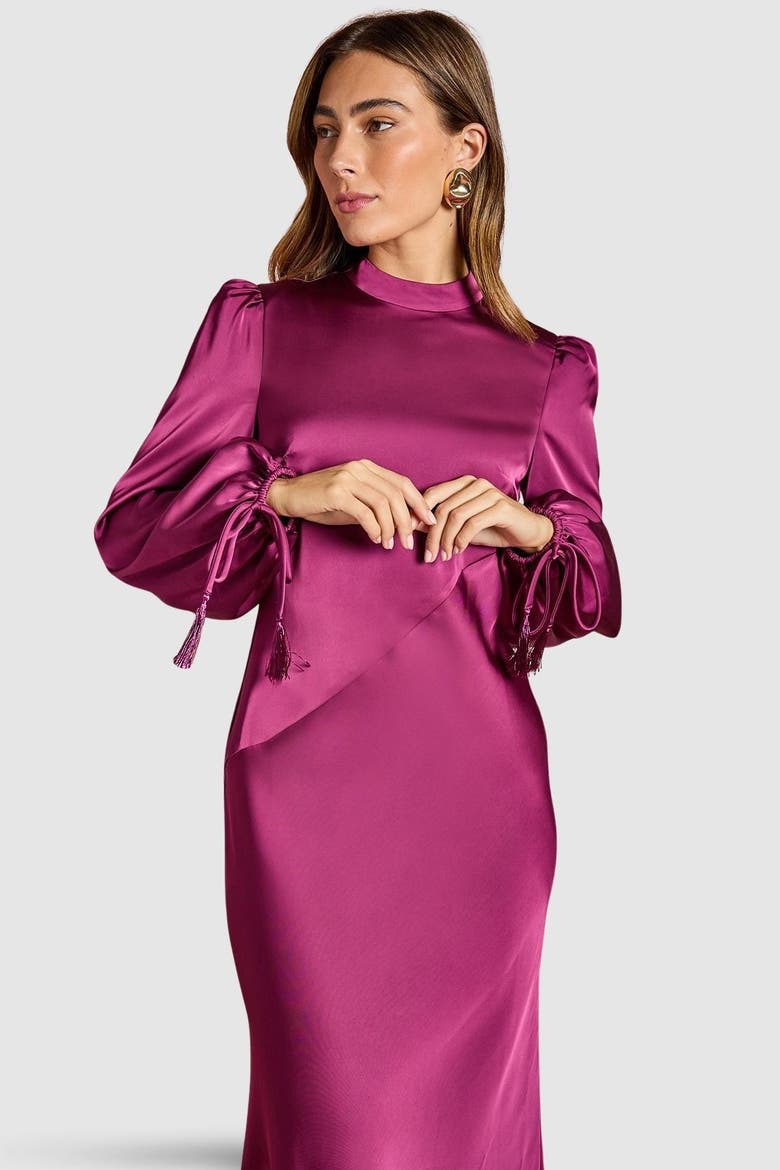 Blouson Sleeve Satin Midi Dress
