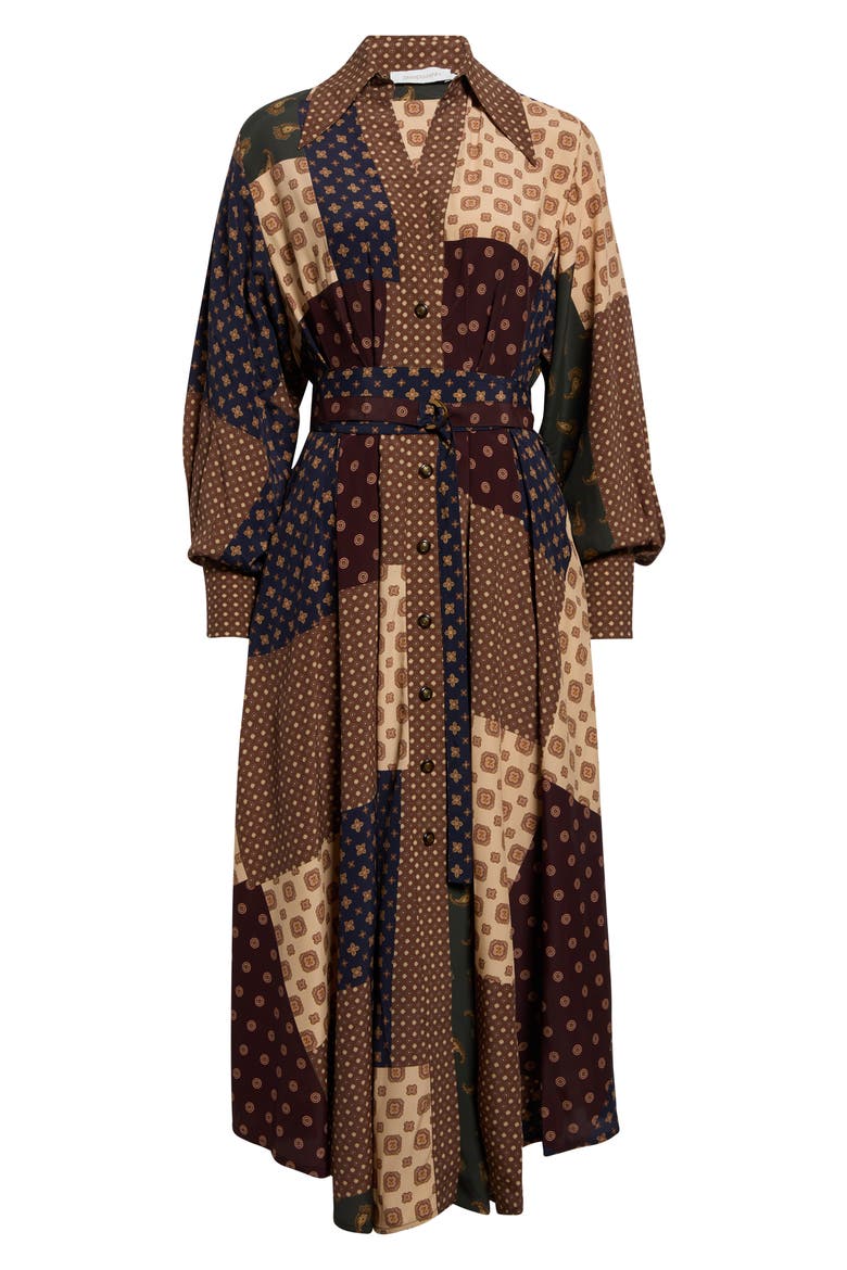 Patchwork Foulard Print Long Sleeve Midi Dress