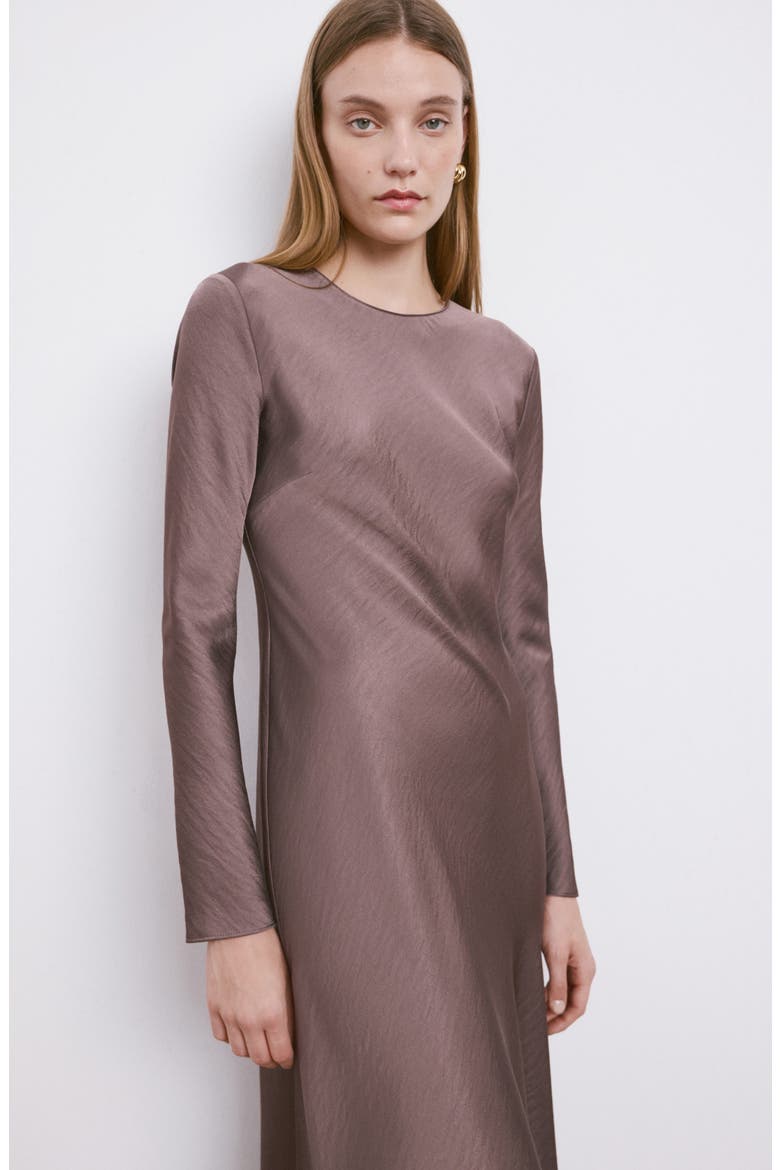 Long Sleeve Textured Satin Midi Dress