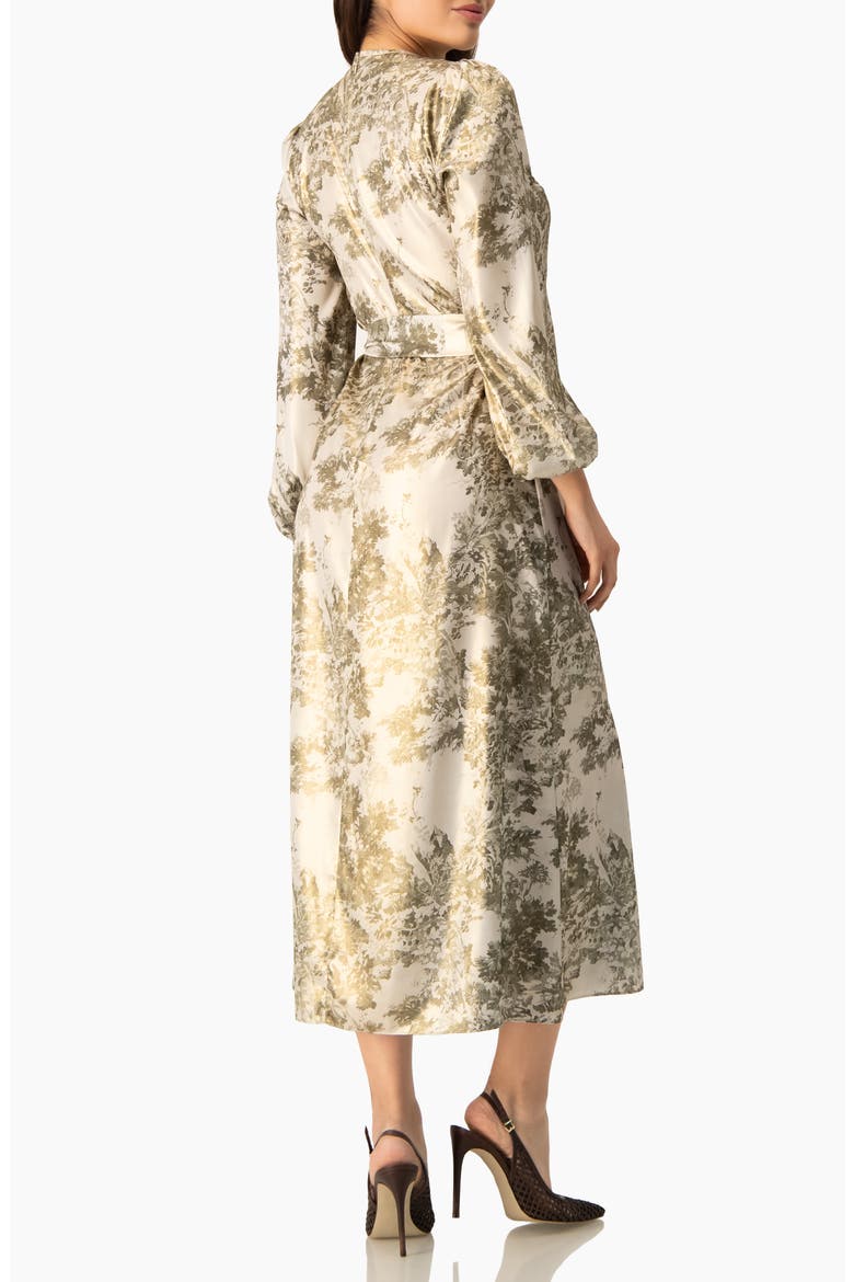 Botanical Print Satin, Long Sleeve Belted Keyhole Midi Dress
