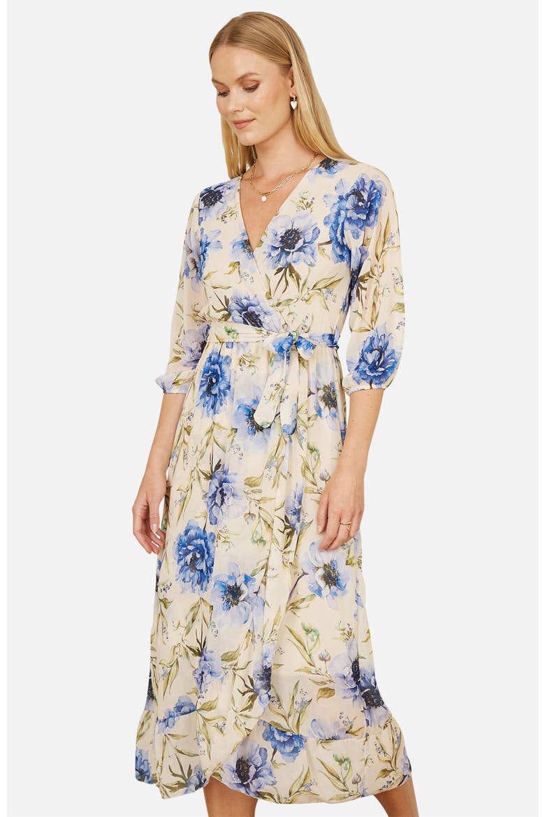 3/4 Sleeve V-Neck Wrap Midi Dress