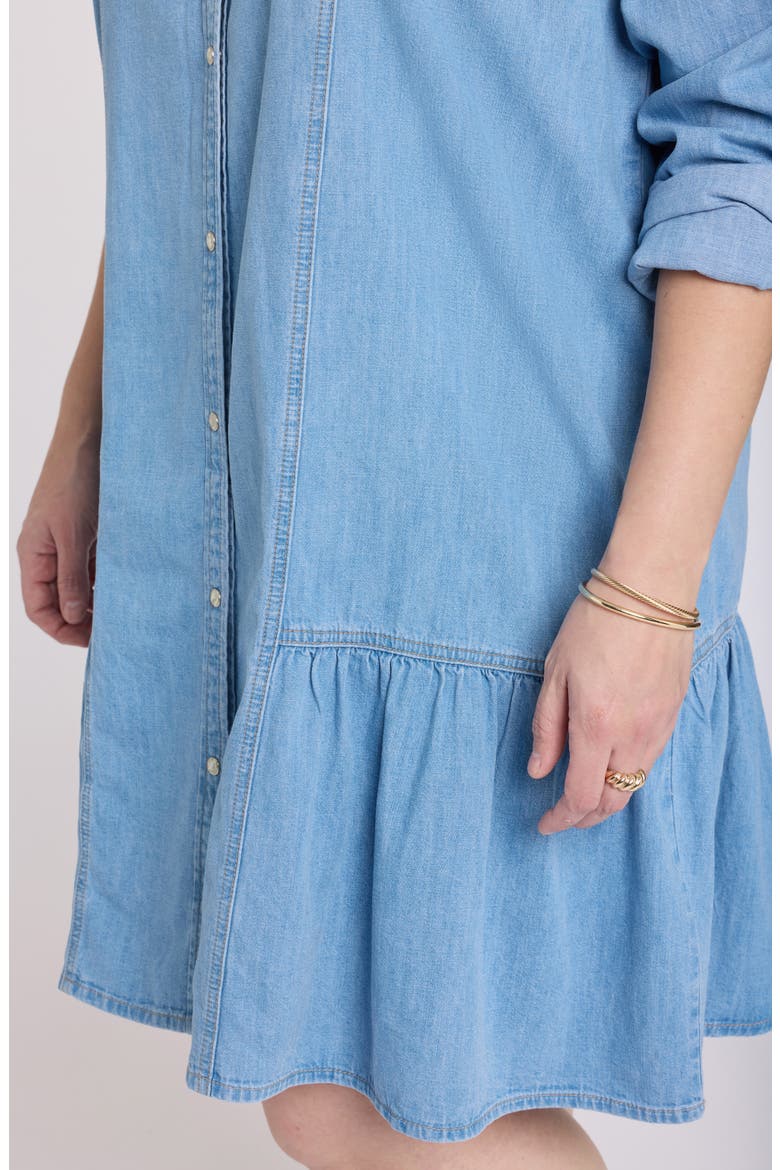 Ruffle Hem Long Sleeve Denim Shirtdress