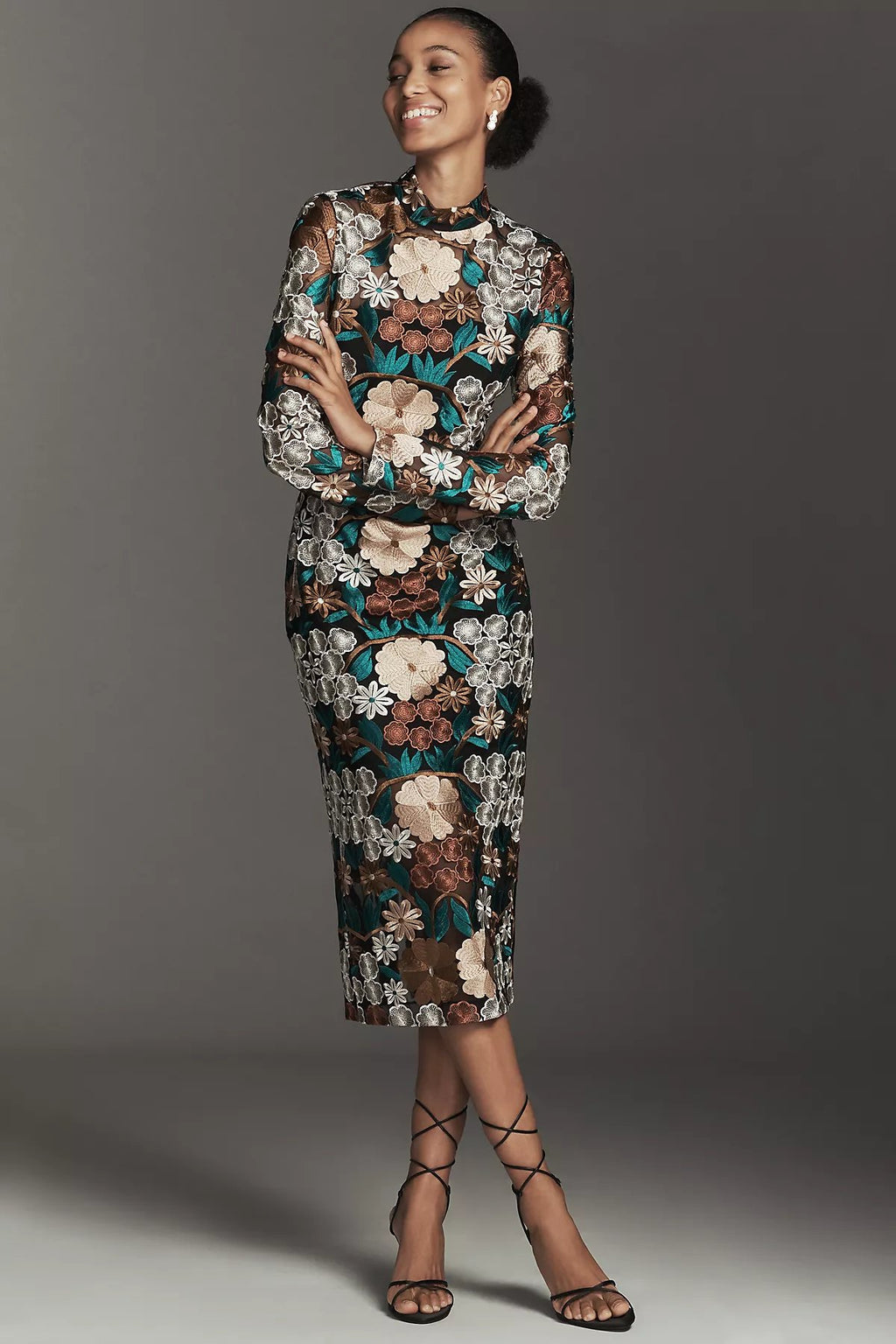 Endless Rose Long-Sleeve Mock-Neck Embroidered Midi Dress - Image 1