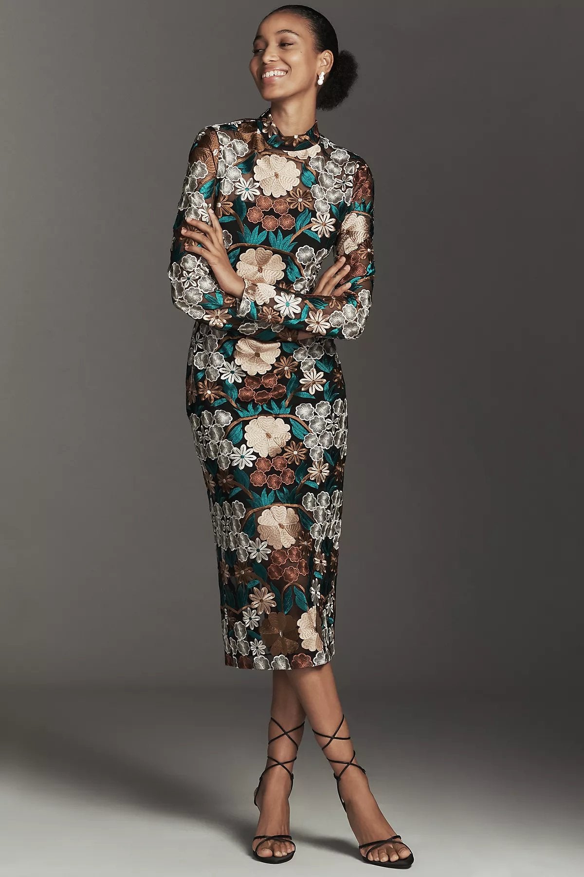 Endless Rose Long-Sleeve Mock-Neck Embroidered Midi Dress - Image 1