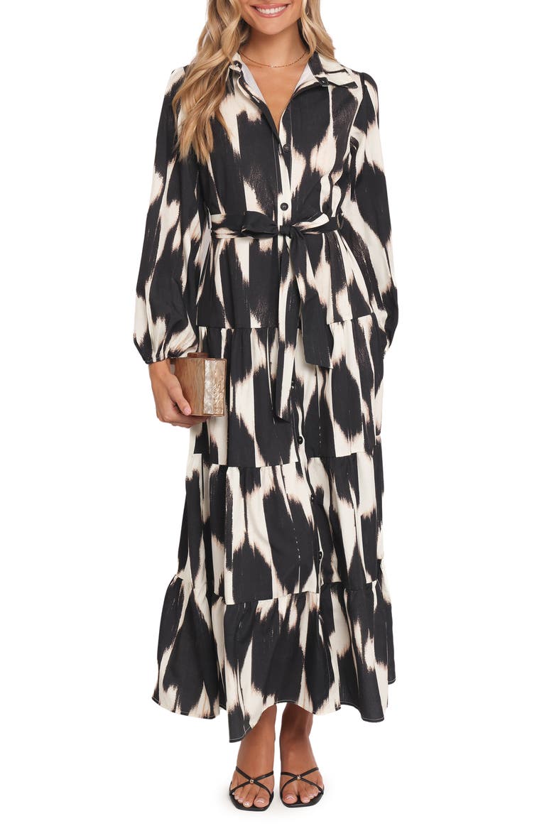 Lincoln Print Tie Waist Long Sleeve Maxi Shirtdress