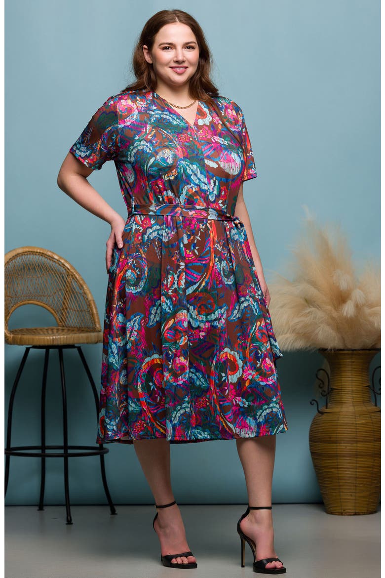 Abstract Floral Tie Waist Knit Midi Dress