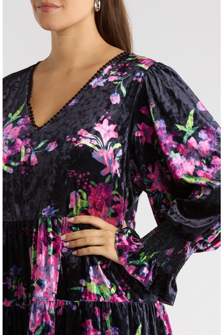 Tulda Amari Floral Long Sleeve Tiered Velvet Dress