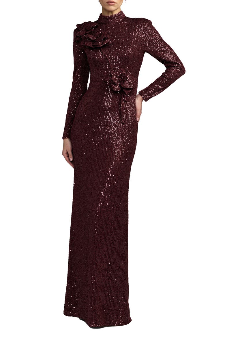 Long Sleeve Sequin Gown With Flowers