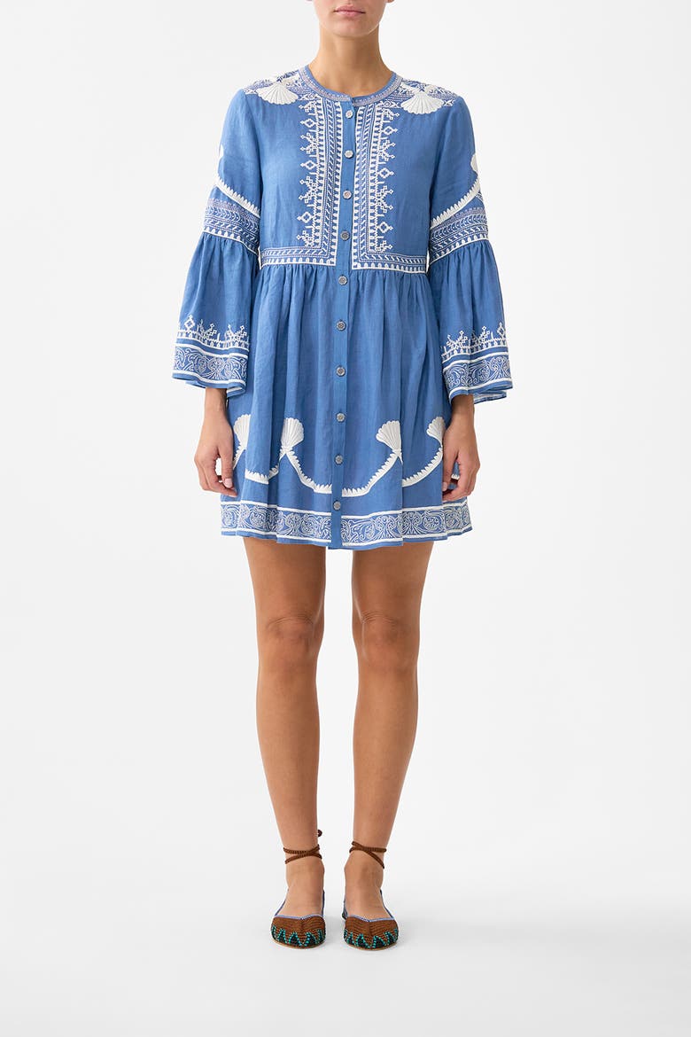 Button Through Mini Dress With Flared Sleeve