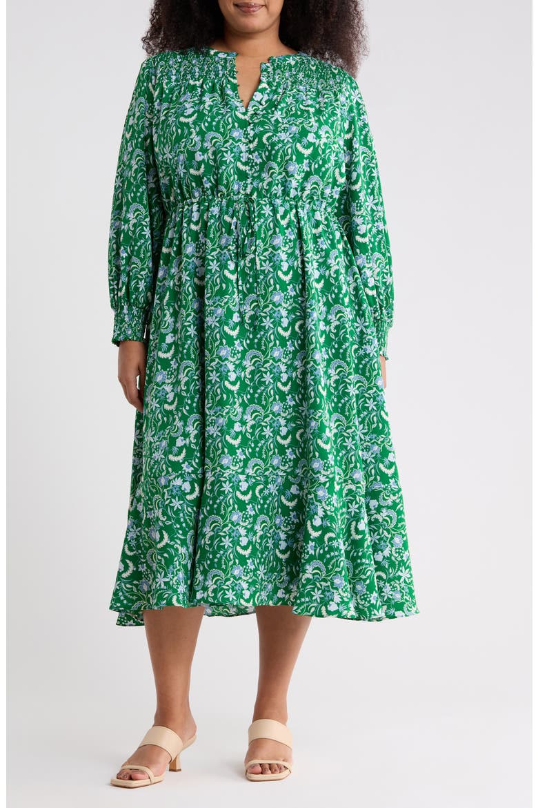 Cabana Floral Keila Long Sleeve Smocked Yoke Midi Dress