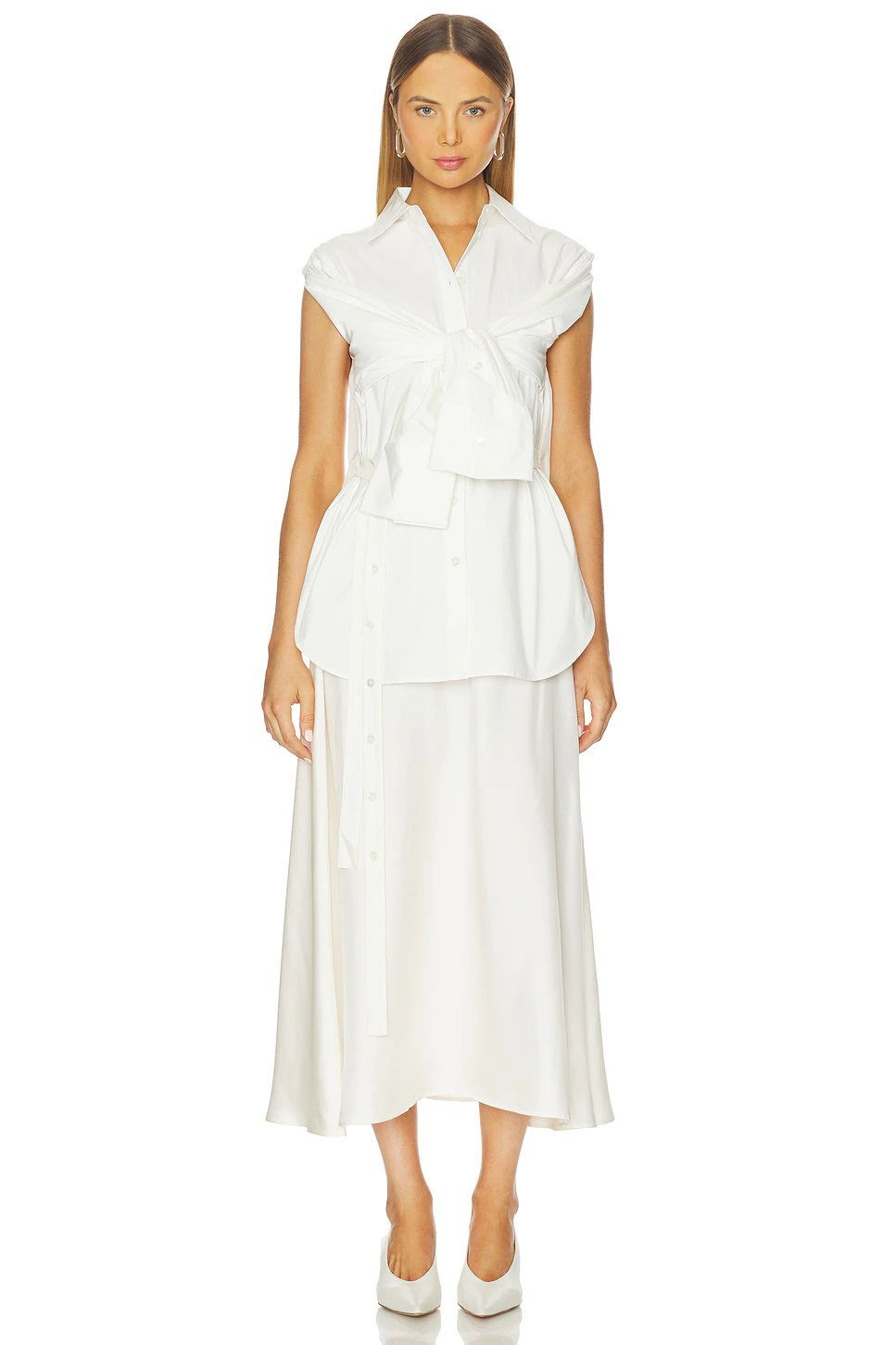 Poplin Silk Combined Gilet Dress in Optic White - Image 1