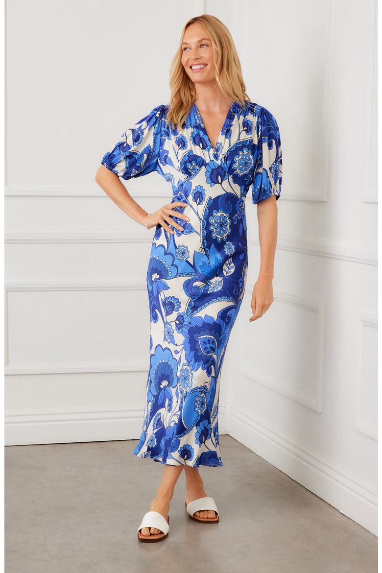 Floral Puff Sleeve Bias Maxi Dress