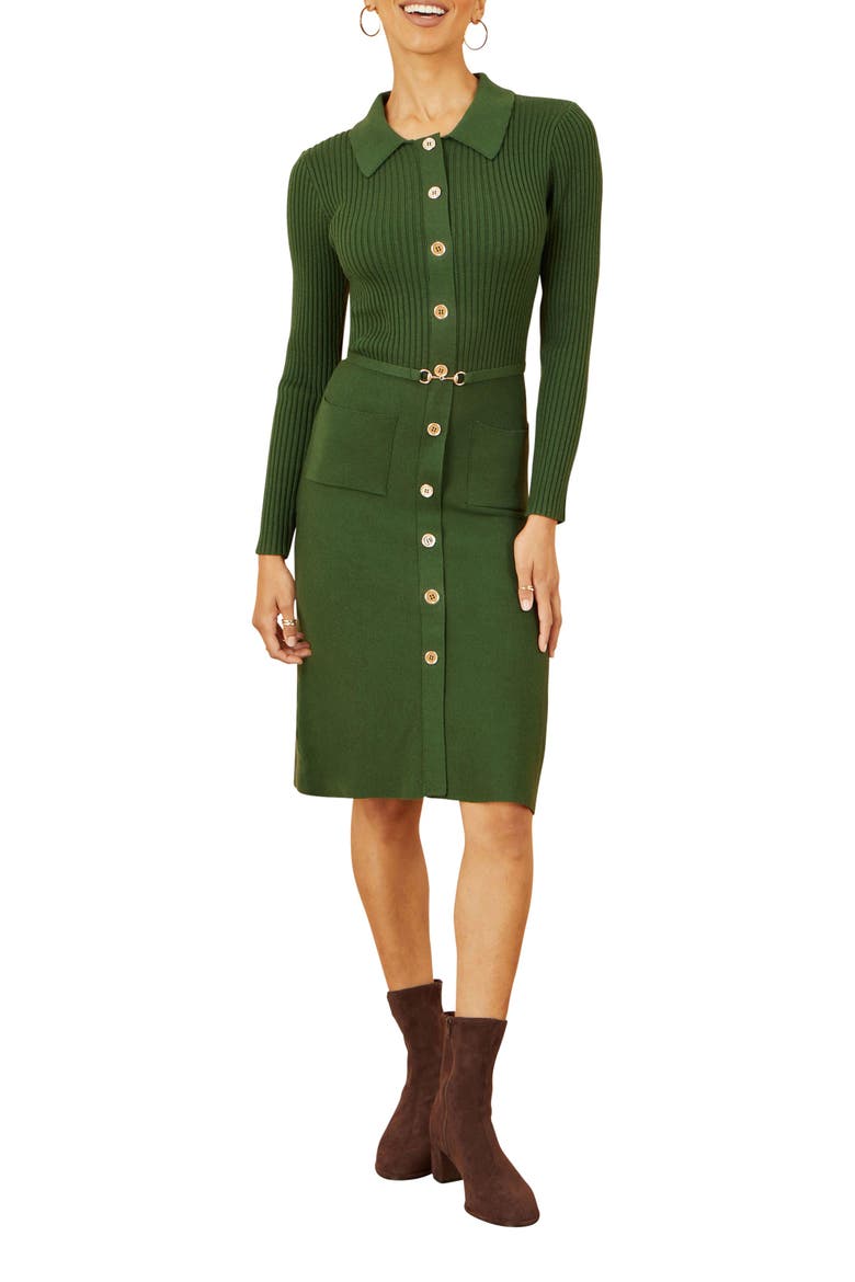 Belted Rib Knit Midi Dress With Pockets