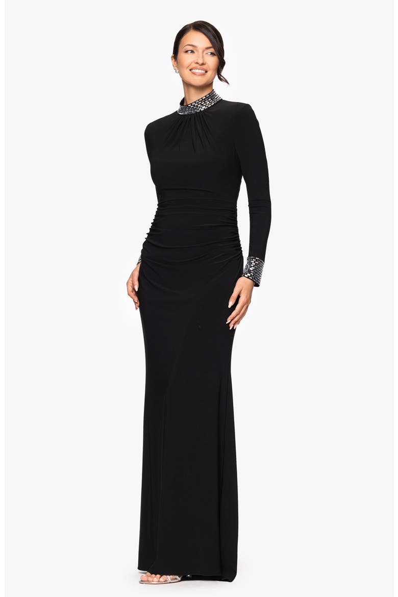 Ruched Beaded Long Sleeve Gown