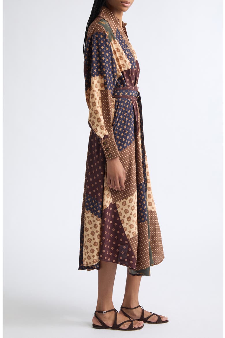 Patchwork Foulard Print Long Sleeve Midi Dress